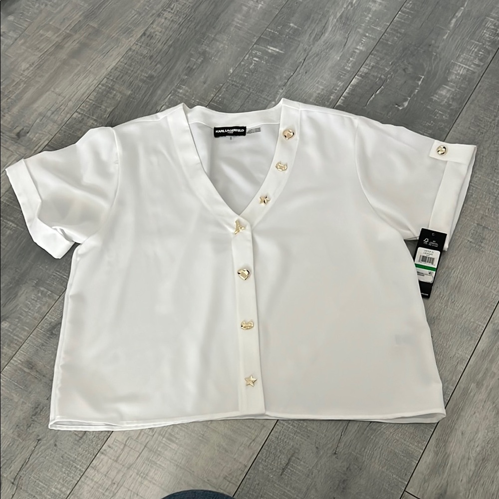 Karl Lagerfeld White Boxy Crop Button Down Shirt